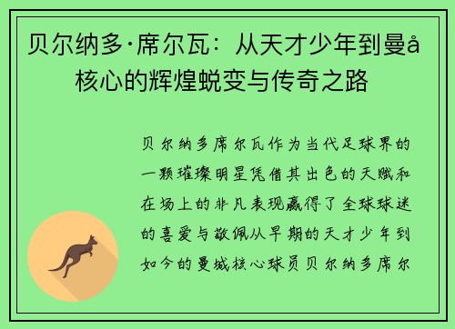 贝尔纳多·席尔瓦:从天才少年到曼城核心的辉煌蜕变与传奇之路 贝尔纳多·席尔瓦:从天才少年到曼城核心的辉煌蜕变与传奇之路